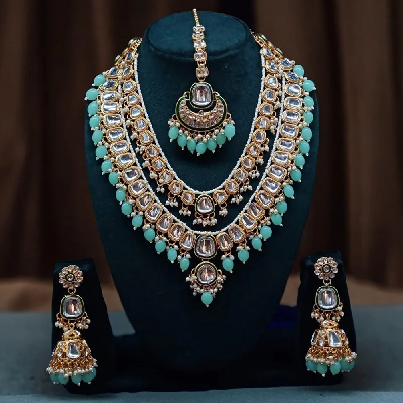 Round Gemstone Necklace-Gehana Mahal Gold Plated Kundan Stone Long Necklace Set