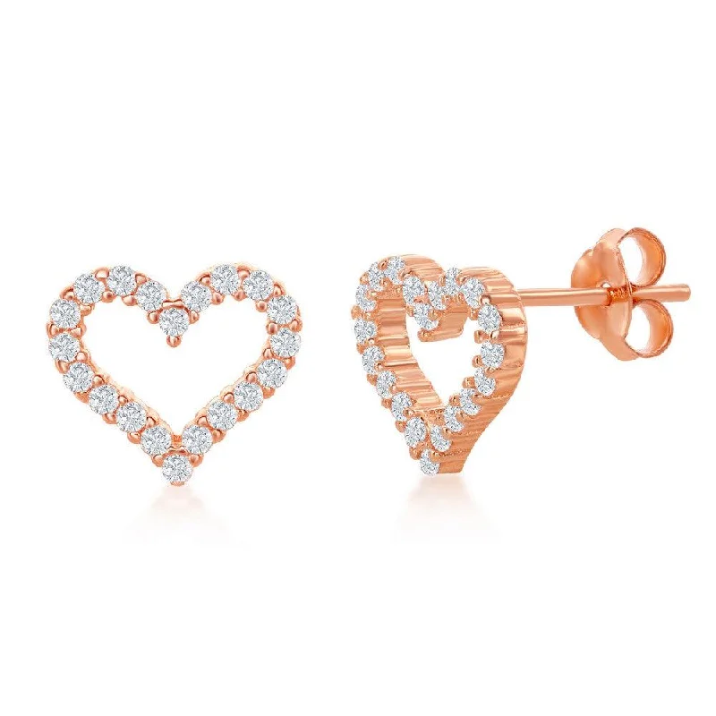 Bohemian Style Earrings-Sterling Silver Rose Gold Plated Open Heart CZ Stud Earrings