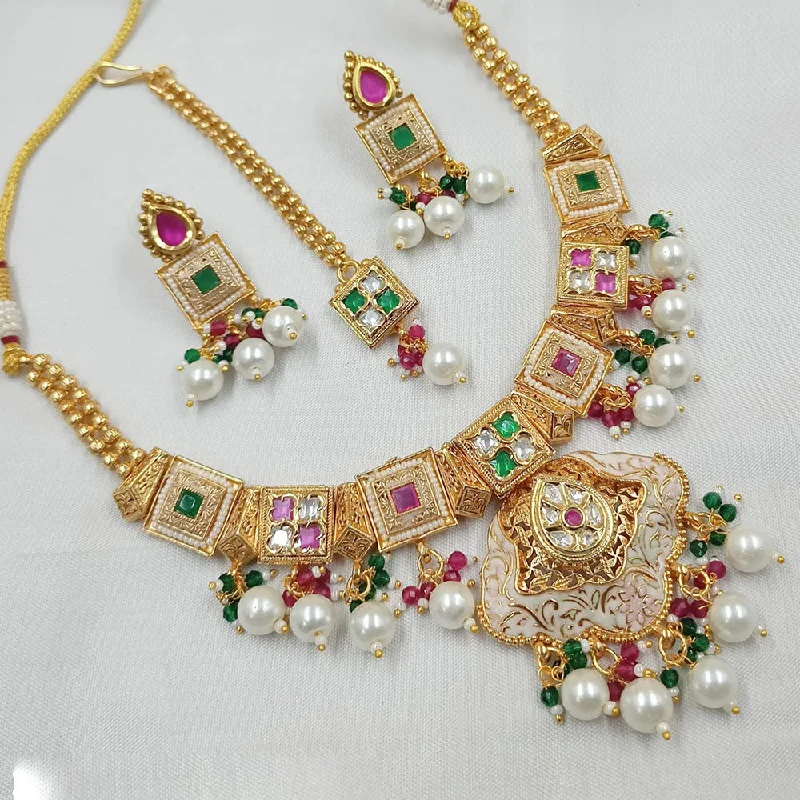 Gemstone Drop Necklace-Padmawati Bangles Gold Plated Polki Kundan Stone And Pearls Meenakari Necklace Set