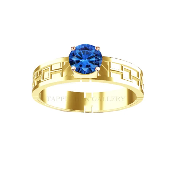 Fashionable Ruby Ring-UNIQUE TARTAN PRINT ENGAGEMENT RING IN YELLOW GOLD WITH SAPPHIRE