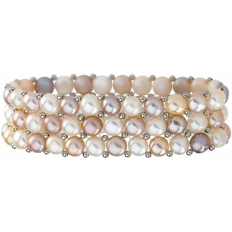 Bohemian Style Bracelets-Sterling Silver Cultured Multi-Color Freshwater Pearl Stretch 8" Bracelet