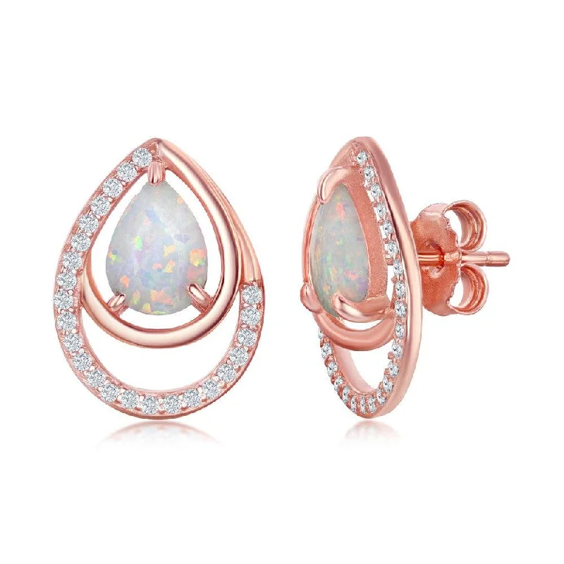 Opal Earrings-Sterling Silver Rose GP Pear-Shaped White Opal CZ Earrings