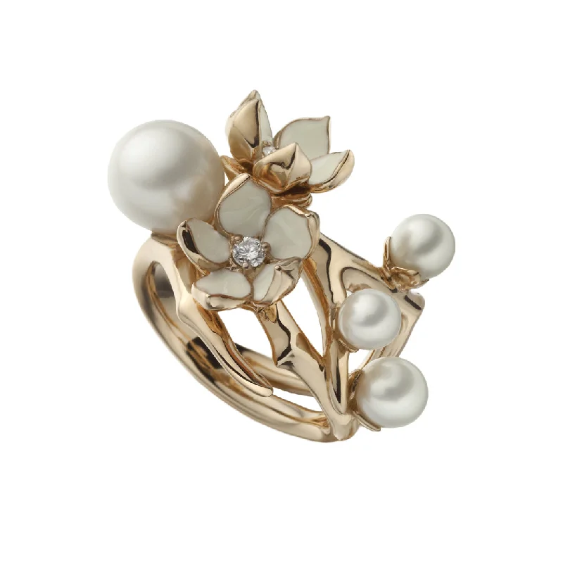 Multi-Stone Engagement Ring-Cherry Blossom Flower Ring - Rose Gold Vermeil, Diamond & Pearl