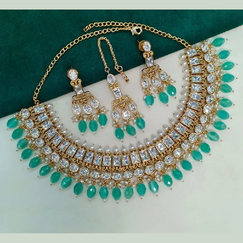 Gemstone Drop Necklace-Royal Kundan Jewellery Gold Plated Polki Kundan And Beads Necklace Set