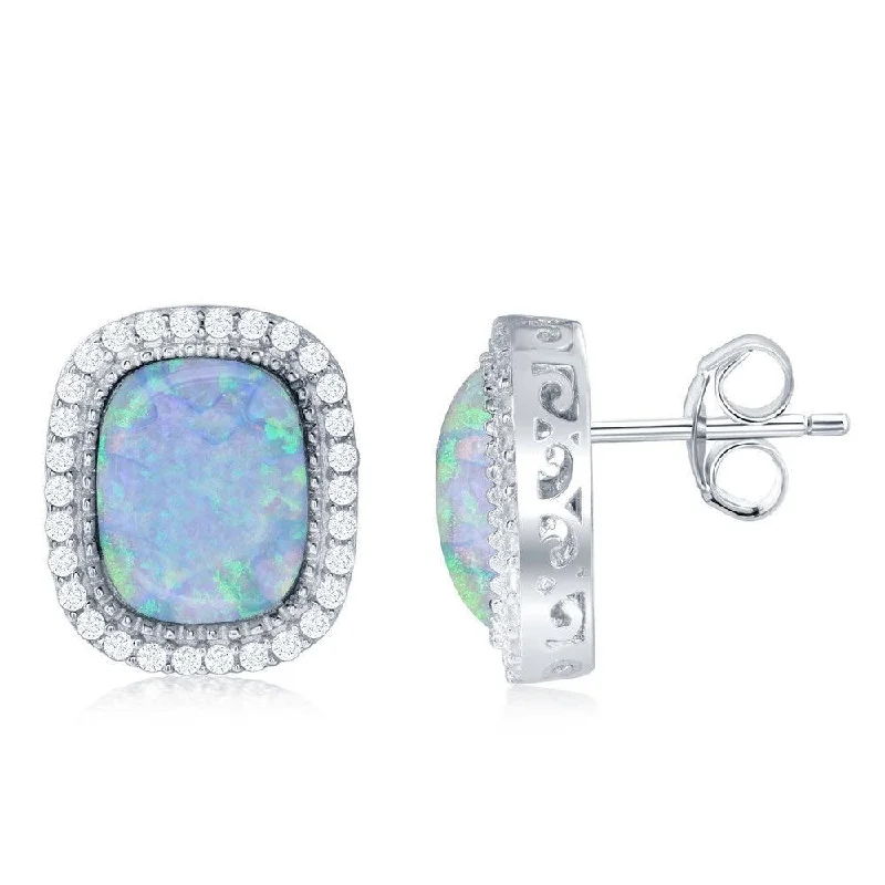 Custom Birthstone Earrings-Sterling Silver White Opal with CZ Border Earrings