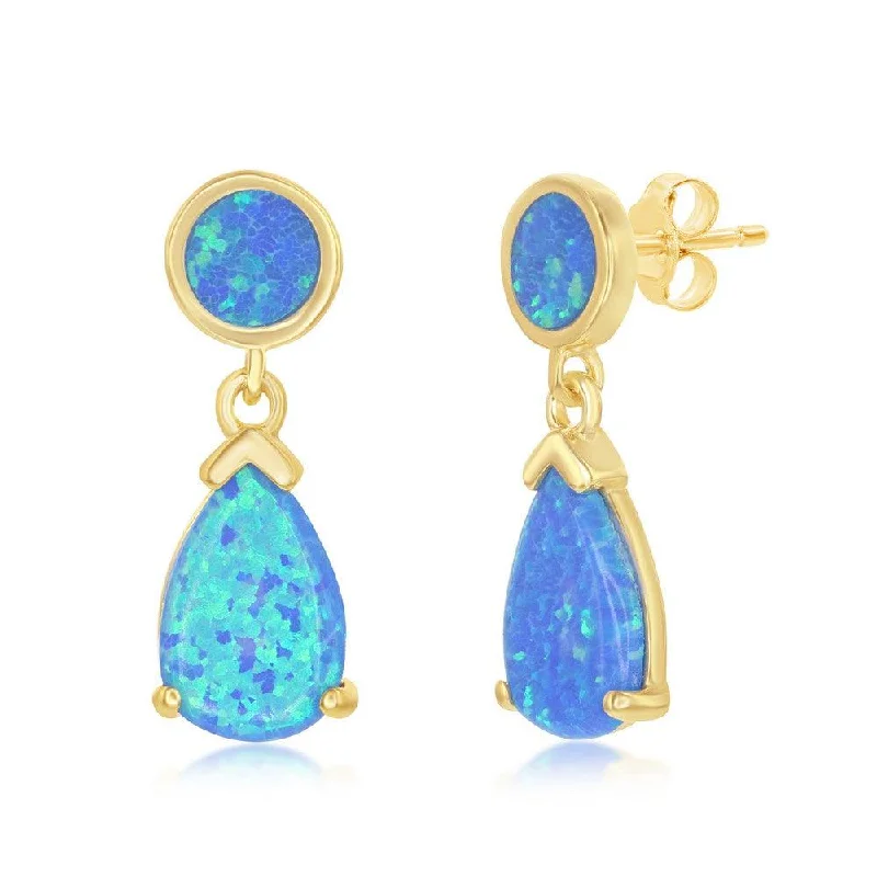 Unique Dangle Earrings-Sterling Silver Gold Plated Blue Inlay Opal Dangling Earrings