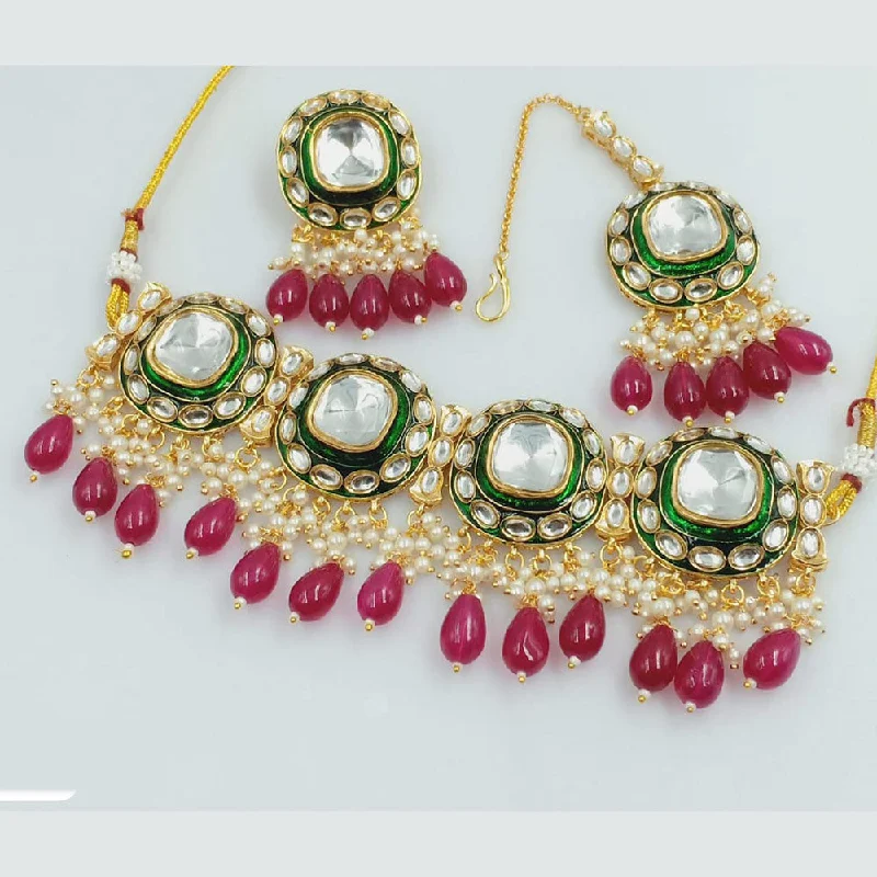 Vintage-inspired Choker Necklace-Rani Sati Jewels Gold Plated Kundan Stone And Pearls Choker Necklace Set