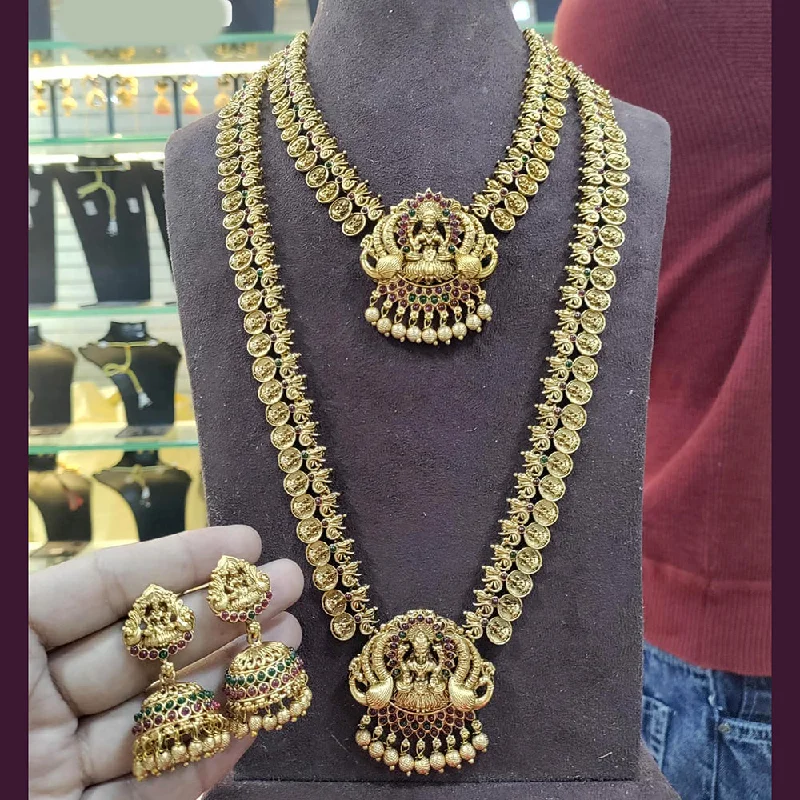 Delicate Gold Chain Necklace-India Art Gold Plated Pota Stone Temple Necklace Combo Set