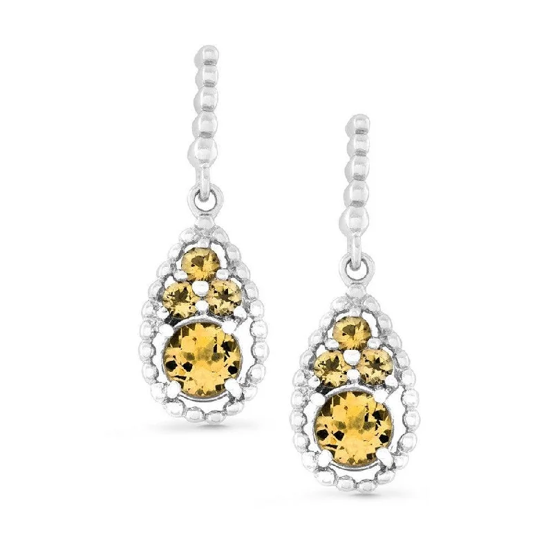 Sterling Silver Earrings-Sterling Silver Tearshaped Cluster of Round Citrine Earrings