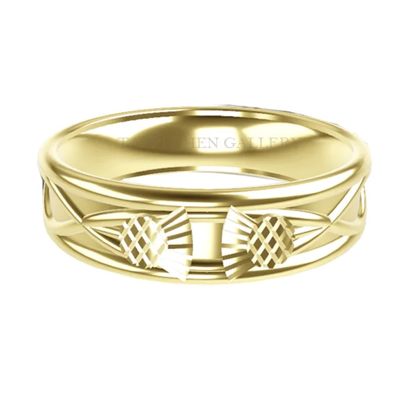 Elegant Gemstone Ring-WIDE SCOTTISH THISTLE CELTIC WEDDING RING IN COMFY FIT IN 9CT YELLOW GOLD