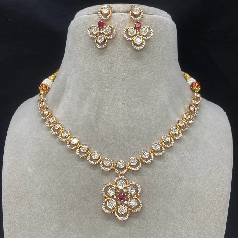 Romantic Heart Necklace-Amoliya Jewels Gold Plated Polki Kundan Floral Necklace Set