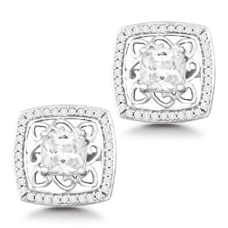 Hoop Earrings with Diamonds-Sterling Silver CZ Open Square Center CZ Earrings