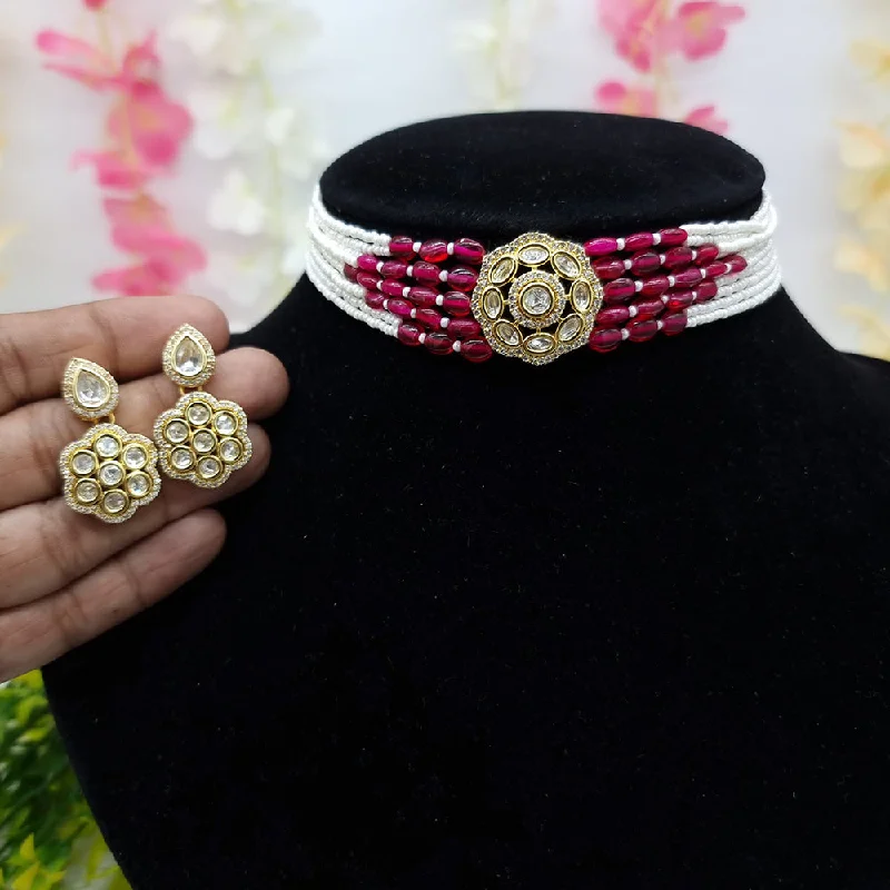 Fashionable Gold Necklace-JCM Gold Plated Pearl And Kundan Choker Necklace Set