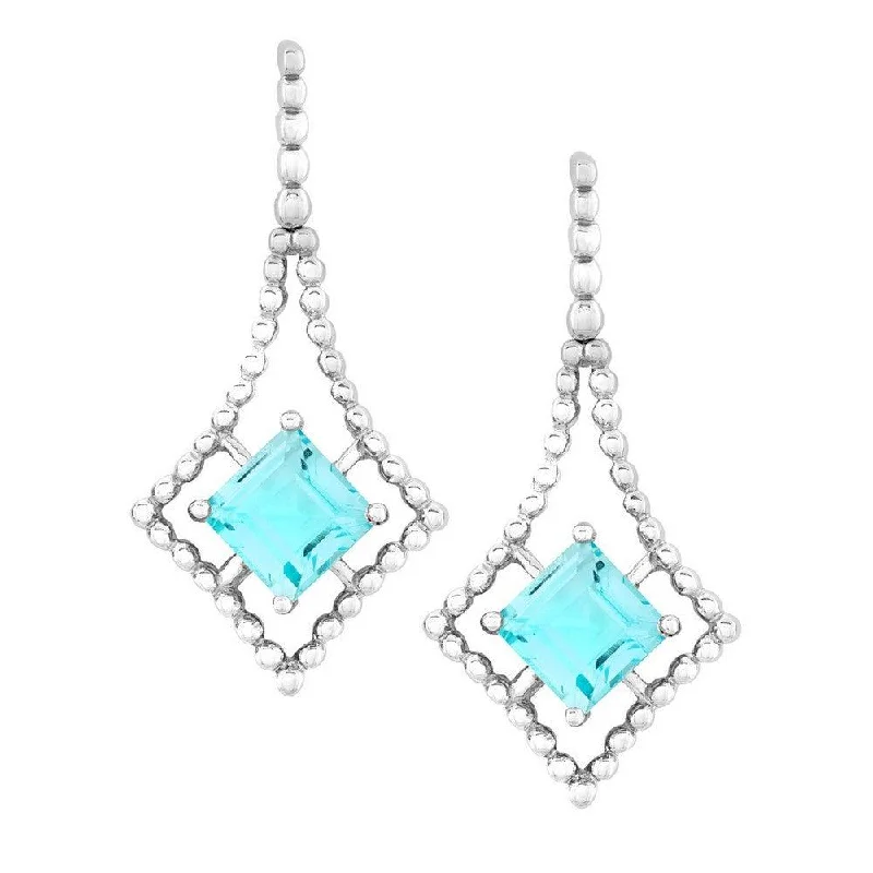 Simple Gold Earrings-Sterling Silver Open Beaded Square with Center Square Blue Topaz Earrings