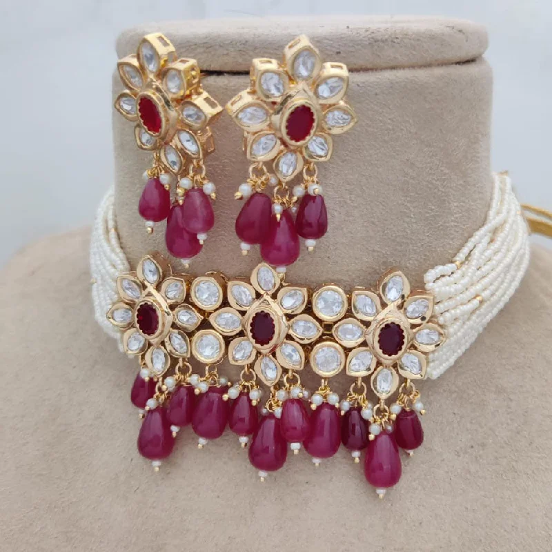 Silver and Pearl Necklace-Jewel Addiction Copper Gold Plated Polki Kundan And Pearls Choker Necklace Set