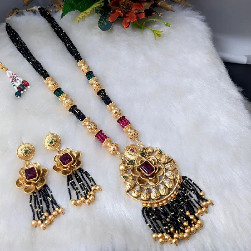 Cute Animal Pendant Necklace-Aamrapali Gold Plated Pota Stone And Beads Long Necklace Set