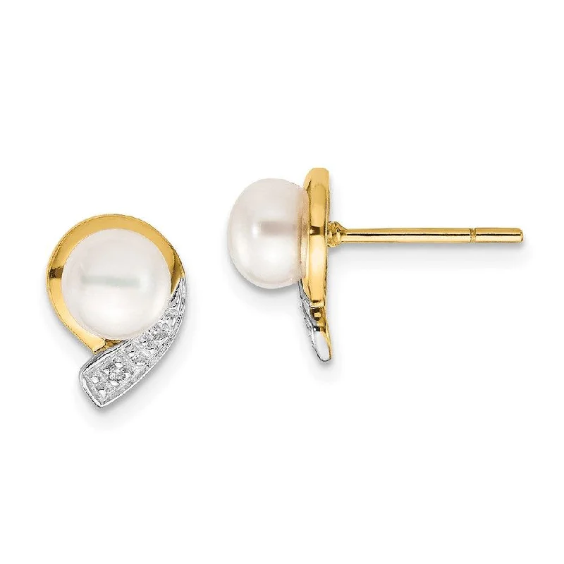 Double Drop Earrings-14K 5-6mm White Button FW Cultured Pearl .01ct Diamond Post Earrings