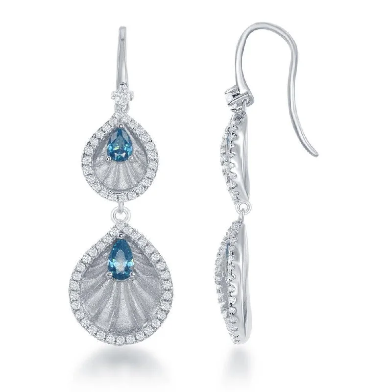 CZ Stud Earrings-Sterling Silver Blue Double CZ Teardrop Earrings