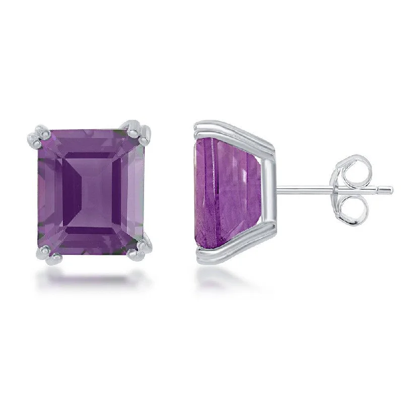 Long Statement Earrings-Sterling Silver Rectangle Amethyst Prong Set Stud Earrings