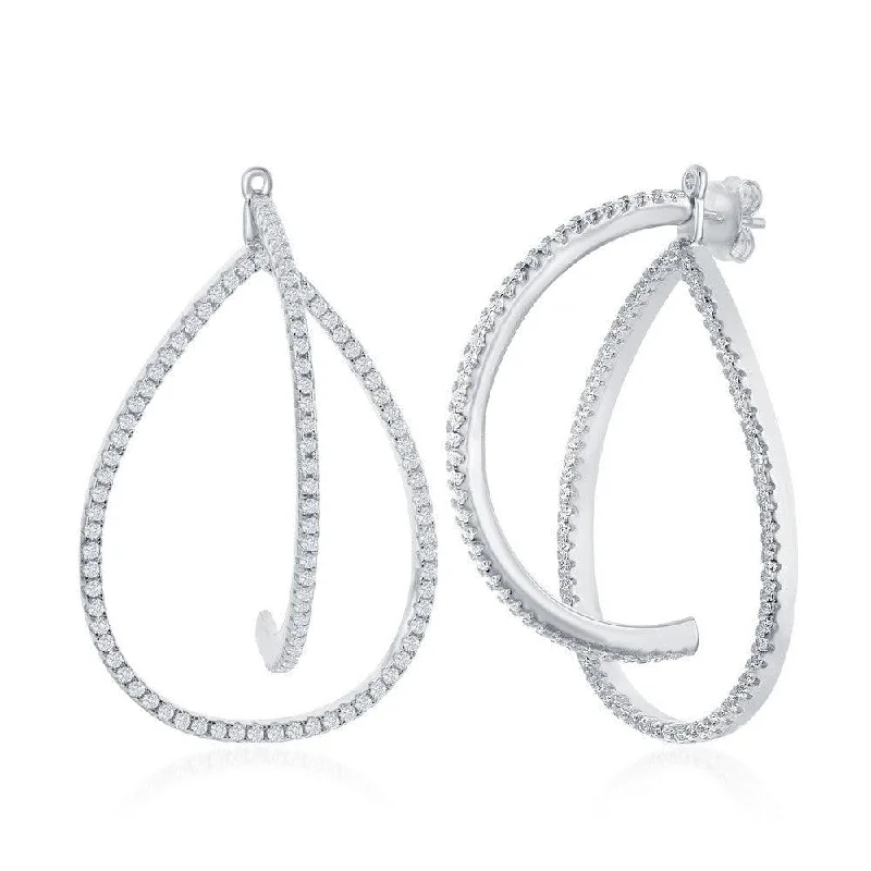 Classic Silver Hoop Earrings-Sterling Silver 3D Teardrop CZ Earrings