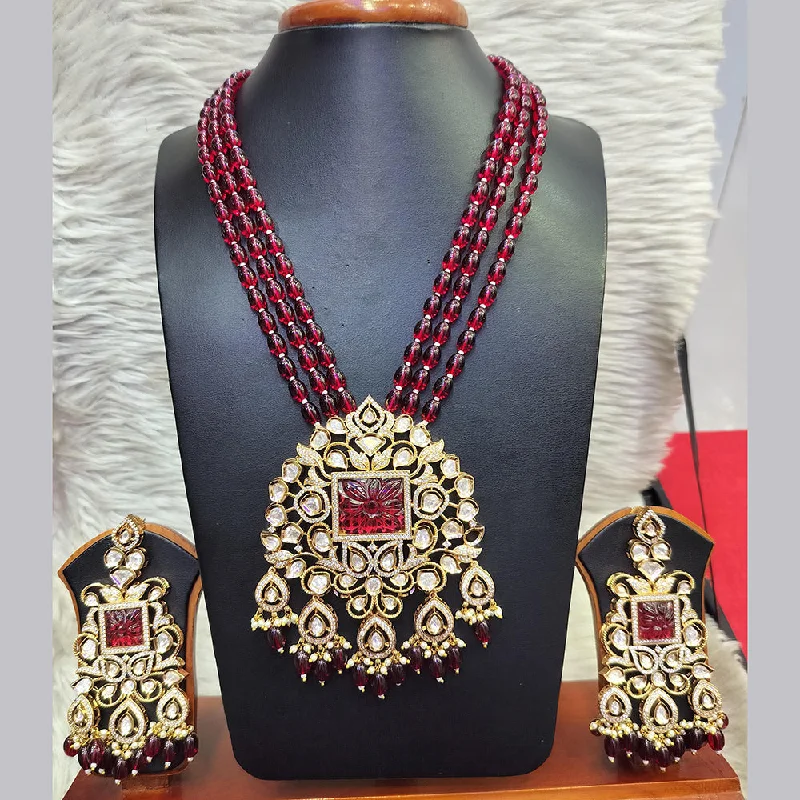 Wedding Pearl Necklace-Jain Jewellers Gold Plated  Kundan And Beads Long Necklace Set