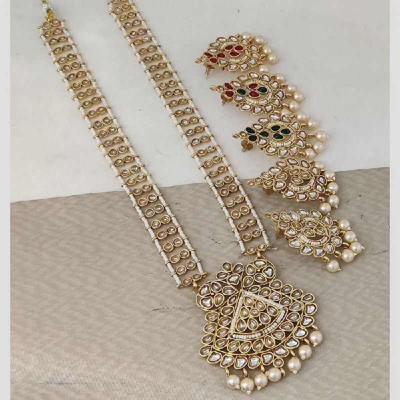 Vintage Crystal Necklace-Rani Sati Jewels Gold Plated Pearl And Kundan Long Necklace Set