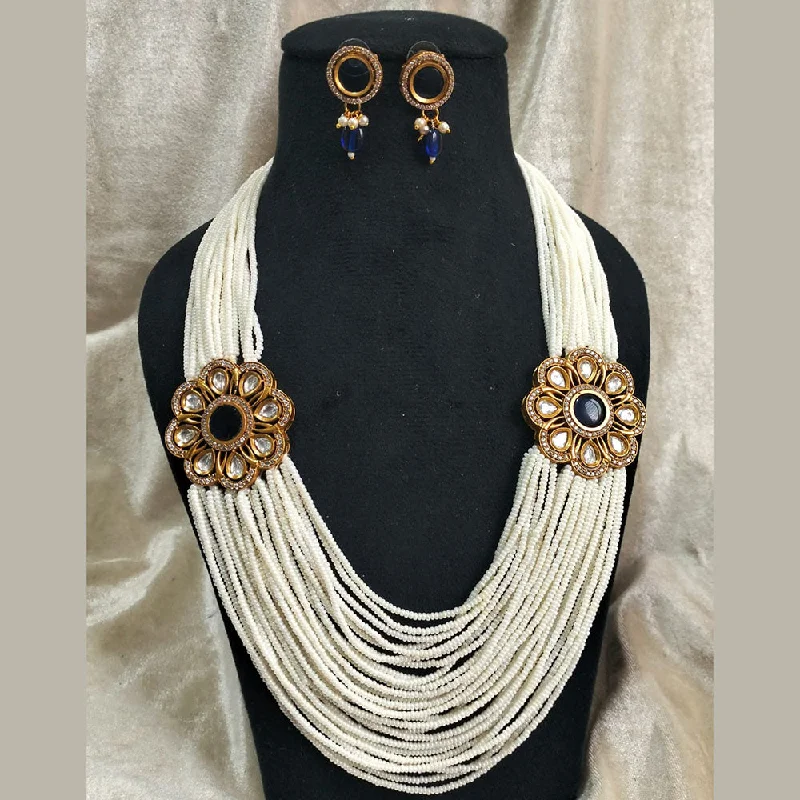 Multi-Colored Stone Necklace-FS Collection Gold Plated Pearl And Kundan Stone Necklace Set