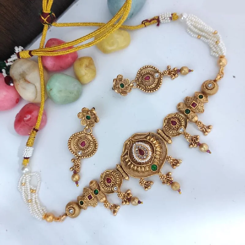 Round Gemstone Necklace-Heera Jewellers Gold Plated Pota Stone And Pearls Choker Necklace Set