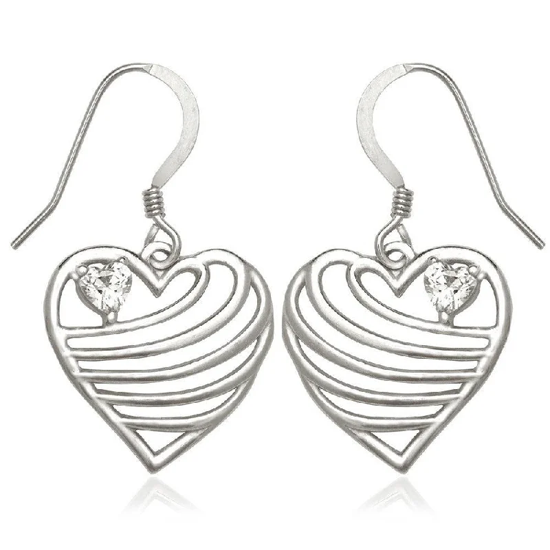 Stylish Silver Earrings-Sterling Silver Open Lined Heart CZ Heart Earrings