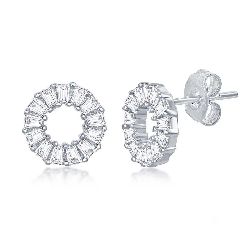 Simple Stud Earrings-Sterling Silver Baguette CZ Circle Stud Earrings