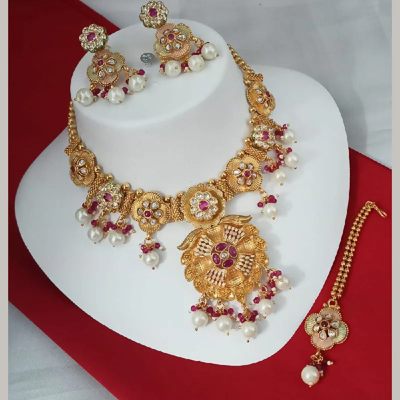 Rose Gold Layered Necklace-Padmawati Bangles Gold Plated Polki Kundan Stone And Pearls Meenakari Necklace Set