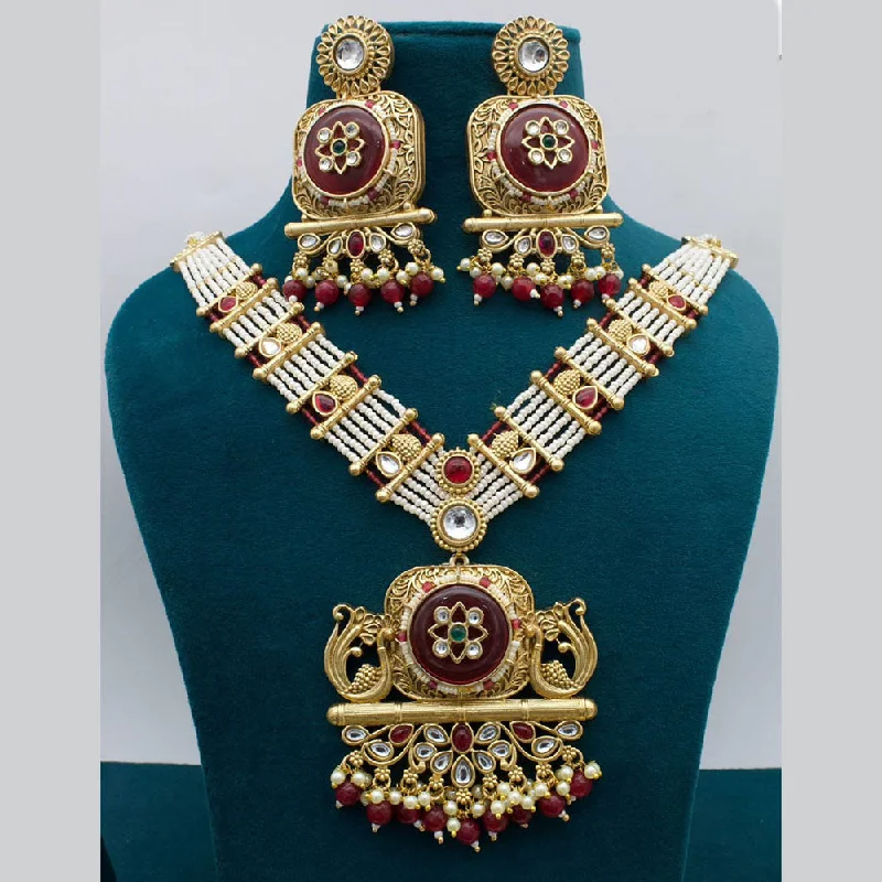 Gold Necklace with Gemstones-Kavita Art Gold Plated Pota Stone And Pearls Necklace Set