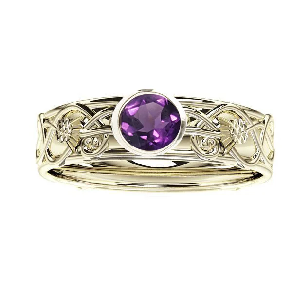 Handcrafted Diamond Ring-Scottish Thistle Edinburgh Celtic Amethyst Ring