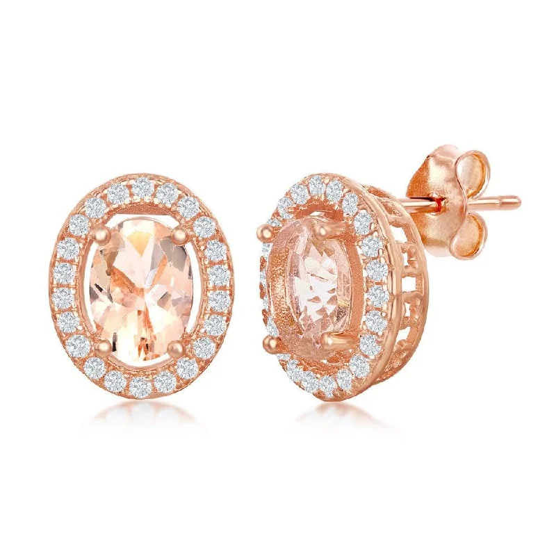 Double Drop Earrings-Sterling Silver Rose Gold Plated Oval Morganite CZ Stud Earrings