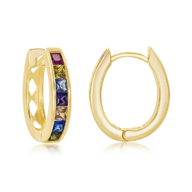 Luxury Stud Earrings-Sterling Silver Gold Plated Rainbow CZ Oval Hoops Earrings