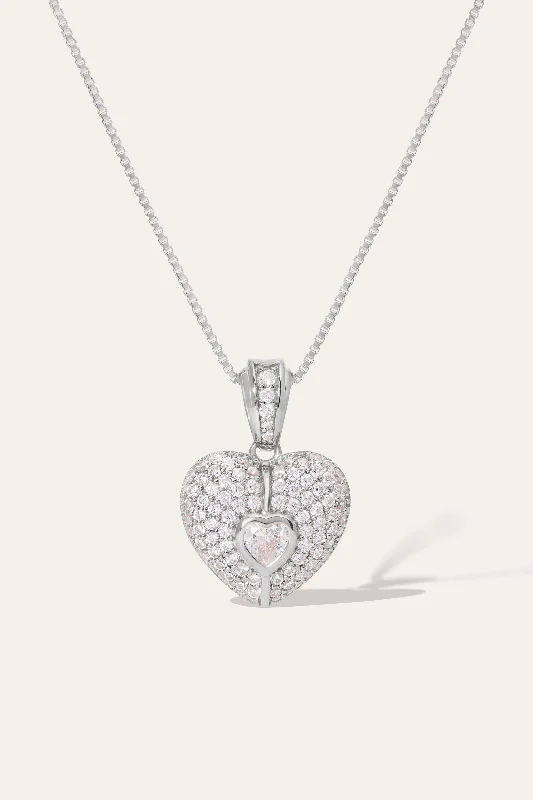 Elegant Diamond Necklace-Cuore Pave Silver Necklace