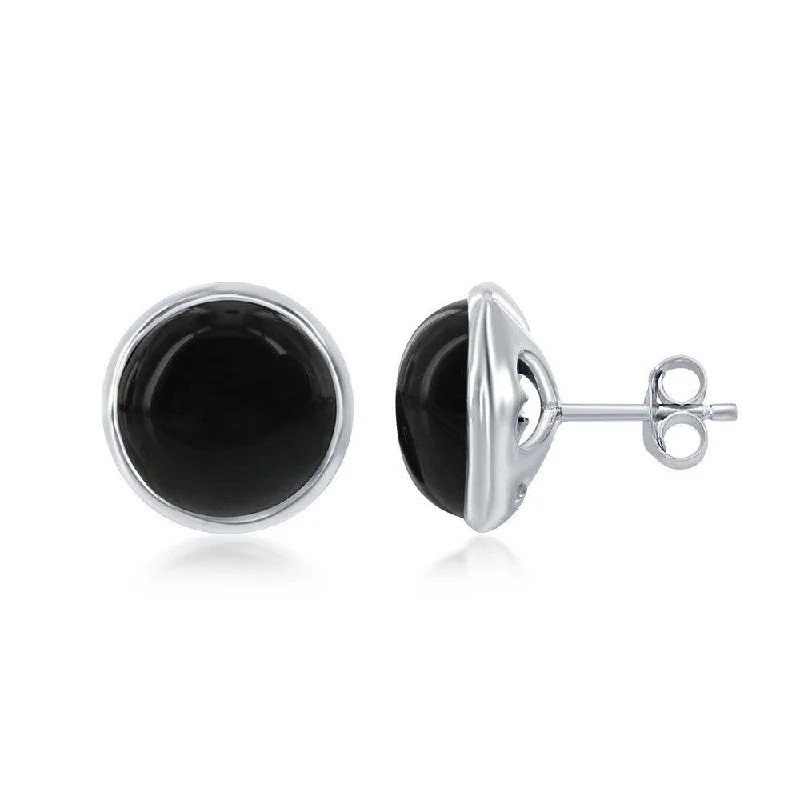 Dainty Silver Earrings-Sterling Silver Round Onyx Bezel Set Stud Earrings