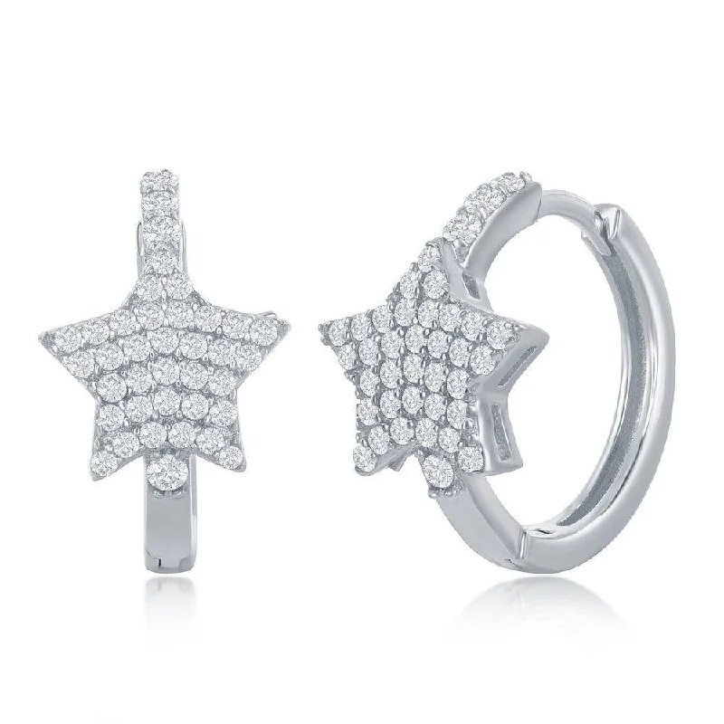 Chunky Gold Earrings-Sterling Silver Mircro Pave CZ Star Huggie Hoop Earrings