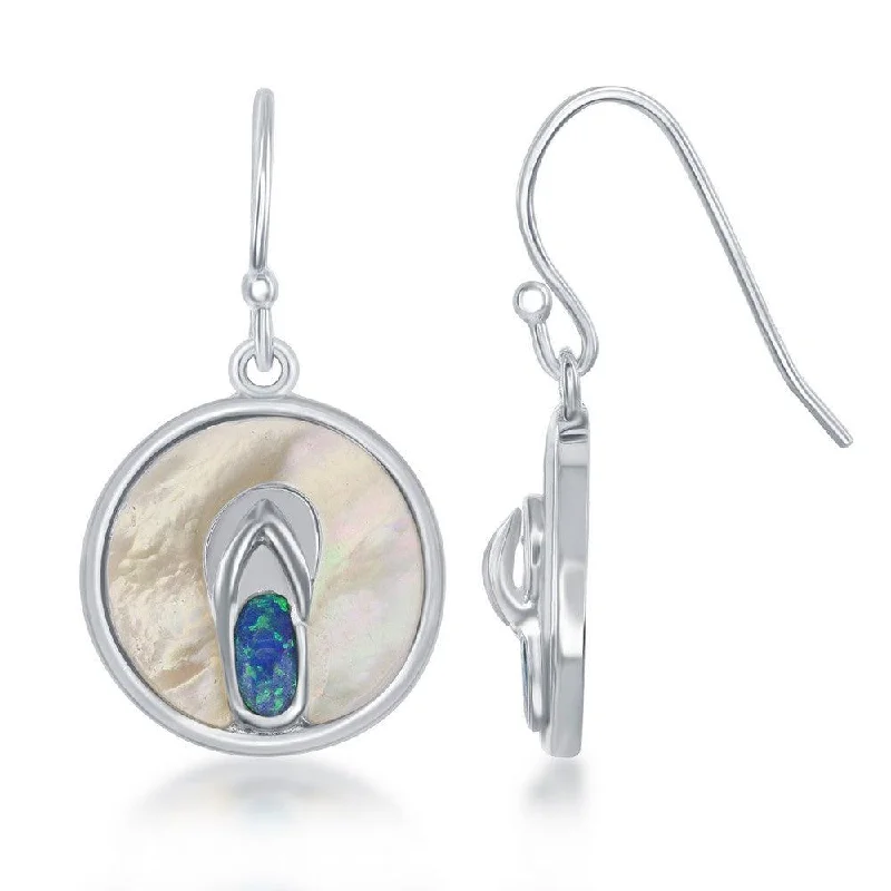 Elegant Leaf Earrings-Sterling Silver Blue Inlay Opal Flip Flop Earrings