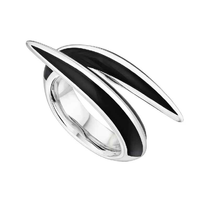 Retro Vintage Ring-Sabre Deco Crossover Ring - Silver & Black Ceramic