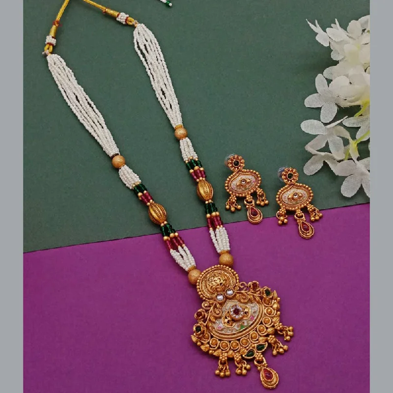 Silver and Pearl Necklace-India Art Gold Plated Pota Stone And Pearl Long Necklace Set