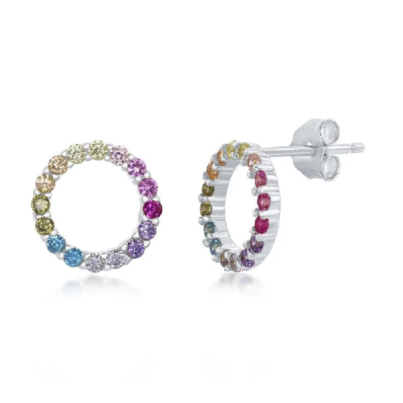 Heart Shaped Stud Earrings-Sterling Silver Rainbow CZ Circle Stud Earrings