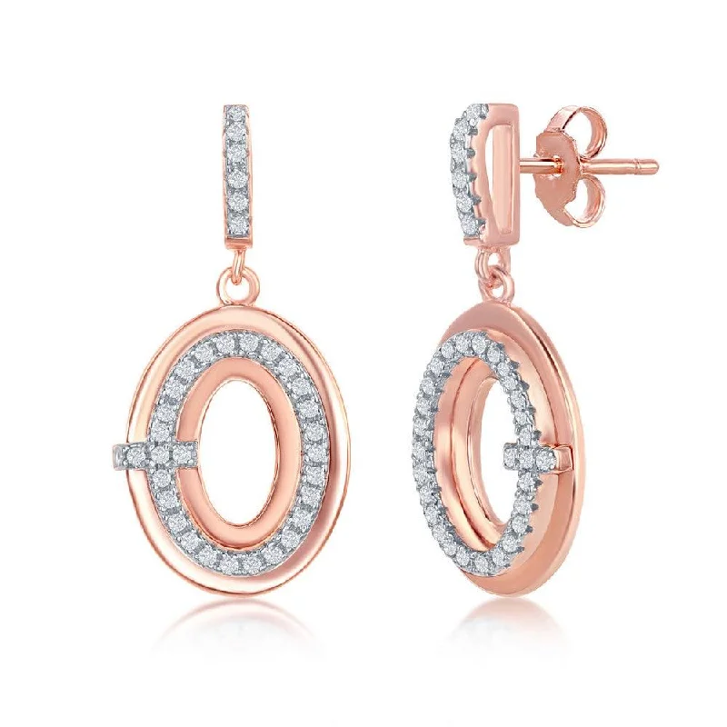 Boho Chic Earrings-Sterling Silver Rose Gold Plated Designed CZ Oval Earrings