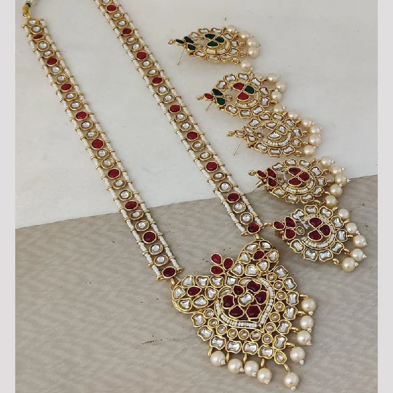 Multi-Strand Necklace-Rani Sati Jewels Gold Plated Pearl And Kundan Long Necklace Set