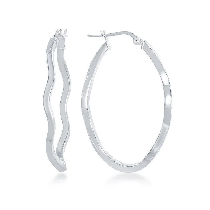 Fashionable Chain Earrings-Sterling Silver Rhodium Plated Wavy Designed Oval Hoop Earrings