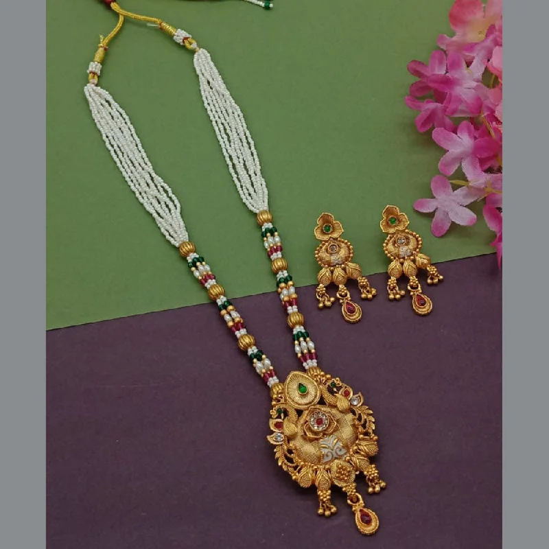 Colorful Necklace with Gemstones-India Art Gold Plated Pota Stone And Pearl Long Necklace Set