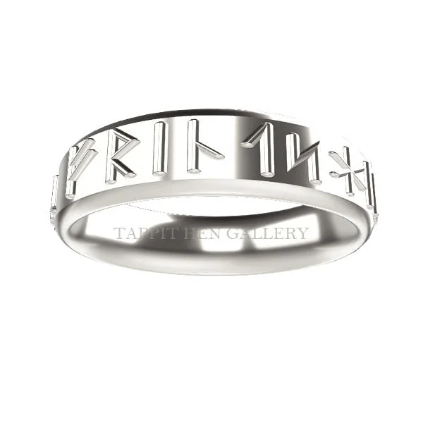 Custom Name Ring-LOVE LOYALTY AND FRIENDSHIP RAISED RUNIC RING IN 9CT WHITE GOLD