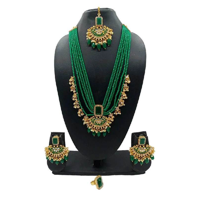 Turquoise Bead Necklace-Gehana Mahal Gold Plated Multi Layer Beads Long Necklace Set