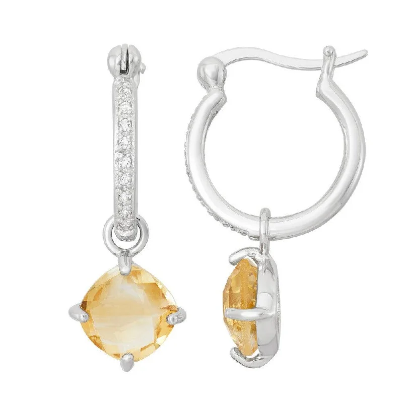 Gold and Silver Earrings-Sterling Silver Yellow Hanging Citrine Earrings