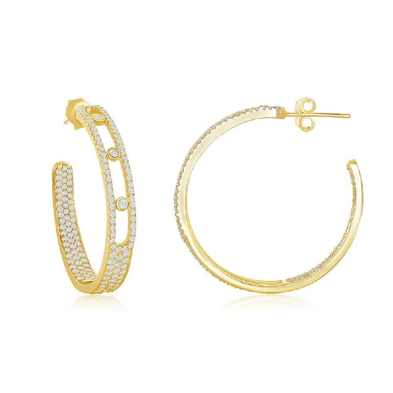 Fashionable Hoop Earrings-Sterling Silver Inside-Outside Pave and Bezel-Set Open Hoop Earrings - Gold Plated